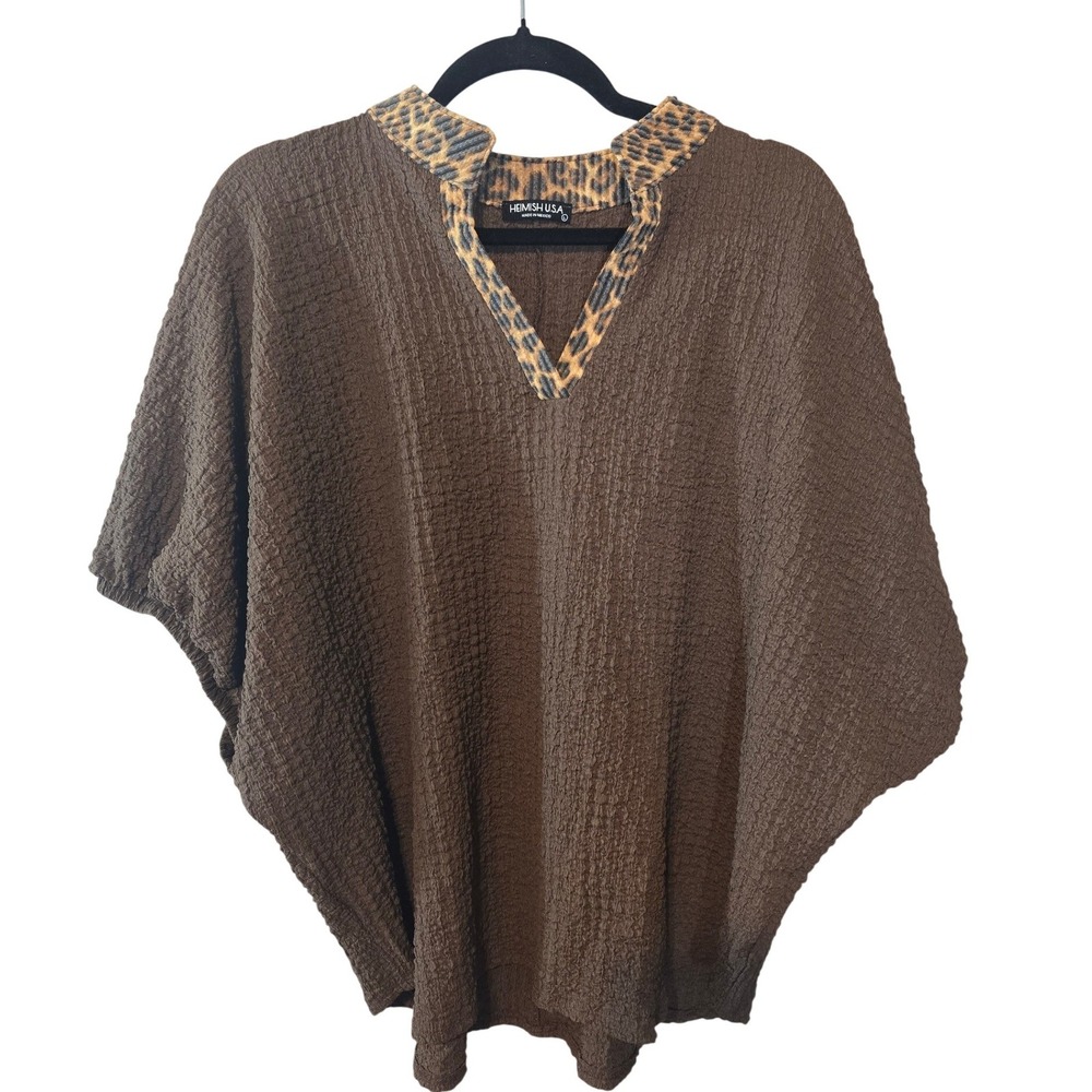 Heimish USA Brown Popcorn Crinkle Top Leopard Trim V-Neck ET8102-10 Large NWOT